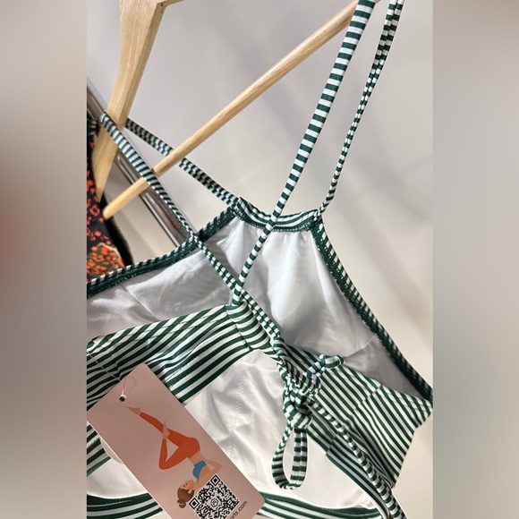 Green and Orange Tropical Print and Striped Bikini with Sporty Design, Small - Picture 4 of 5
